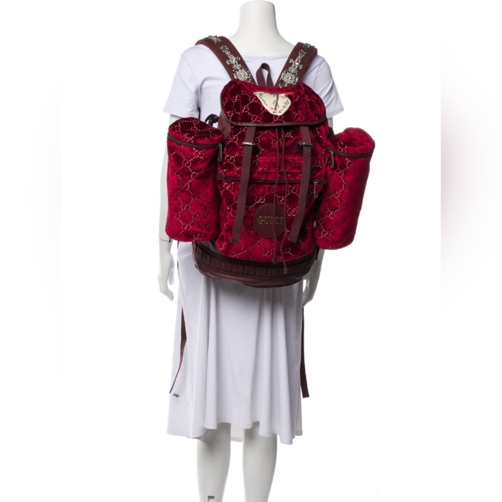 Exclnt Condition Large Red Burgundy GUCCI GG Velvet Crystal  Backpack $4,700.00